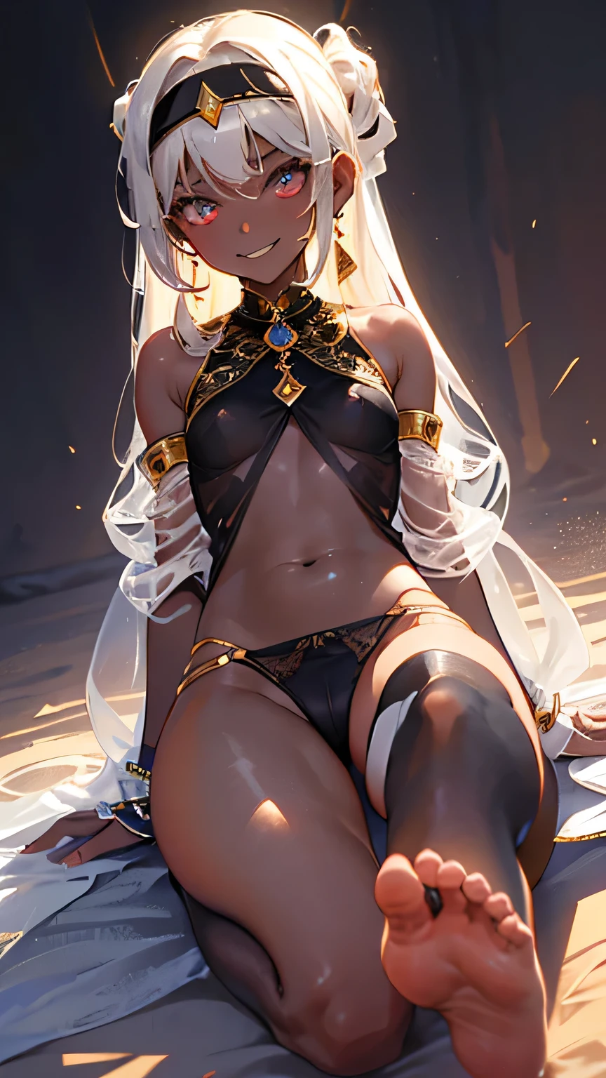 1girl, Angle from below:1.8, The girl bends forward to show off her breasts、legs apart, (Blade), (Tanned shiny black skin:1.6)、Glowing Eyes, ((Sexy evil grin)), ( girl), blondes、Twin tails、forehead、Small breasts, hat, ((((arabian clothes, see-through)), (headband), (Areola Slip), small breasts, (jewelry)))、desert, ((sahara))、foot, ((focus foot))、(手を頭の後ろで組む), (crotch), (foot),((foot)), 足の裏、