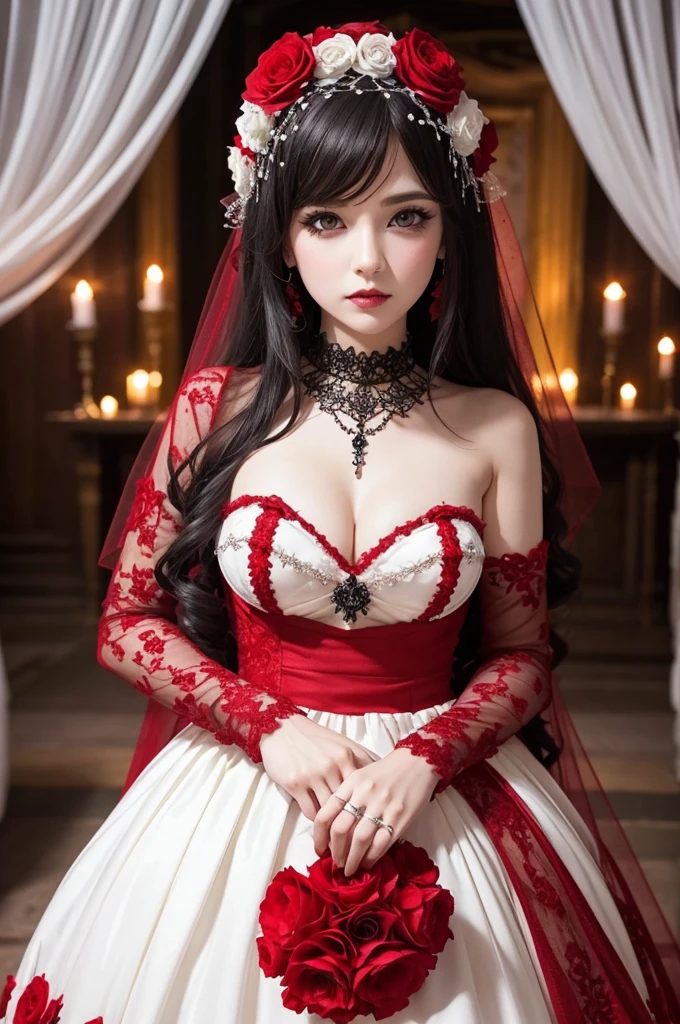 Create a gothic themed wedding with red and white flower decorations 