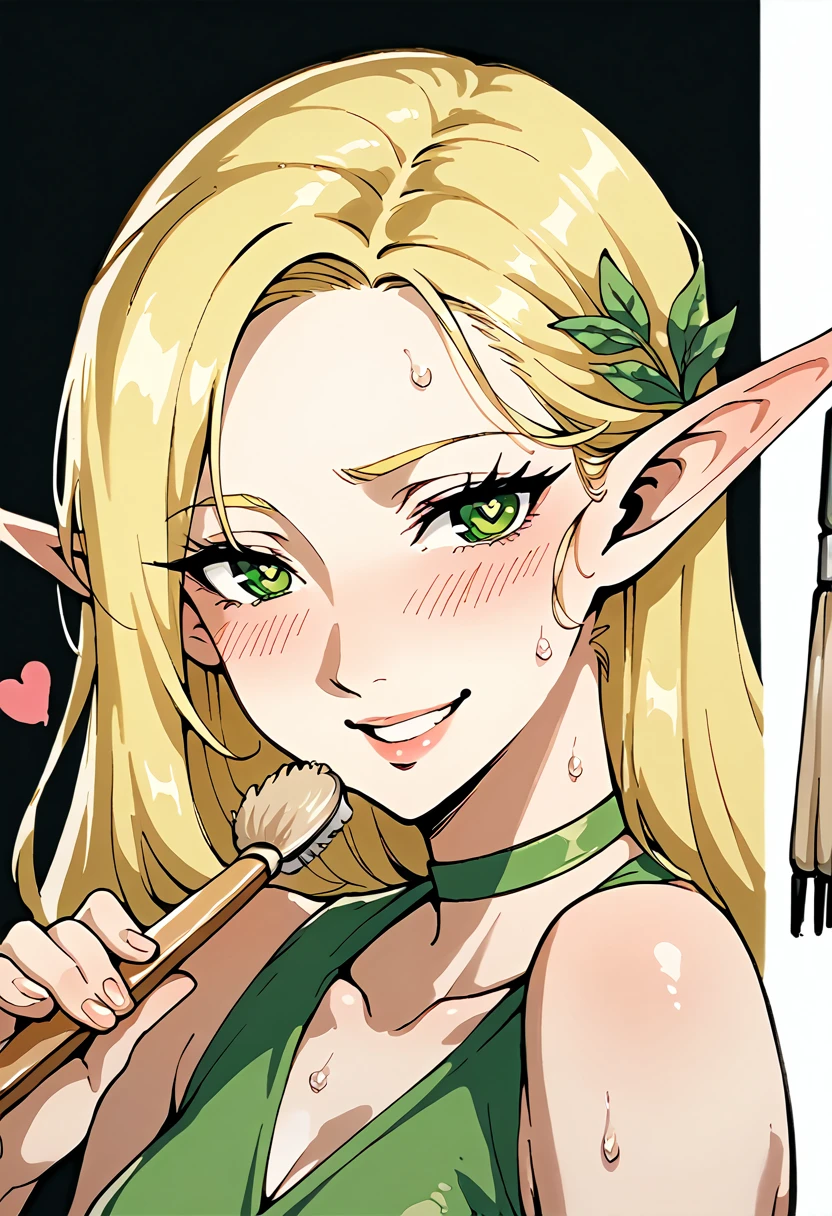 smudgy, traditional art, liu2, brush texture, score_9, score_8_up, score_7_up, score_6_up, pretty green elf woman with long blonde hair, horny face, desire, sweat, green eyes, closeup, attractive smile, (heart shape), thin summer dress, perfect slim body