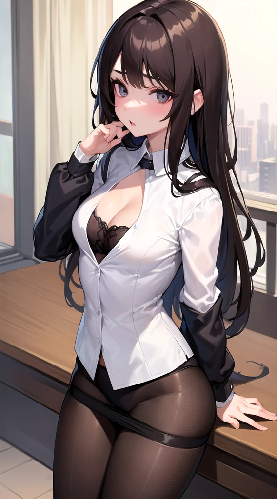 （（super high quality,））（（Ultra-high resolution,））（16K,）（super masterpiece,）（（Ultra HD ,））（Detailed shading,）One sexy mother,Office Lady,One muscular man,（（popped Tight collar White shirts,））Unbutton the third button,Long sleeve,Black tight skirt,Hands on the man&#39;s head,Glasses,blush,Ahegao,necklace,wedding ring,Sweaty,Flowing Love Juice,A man hugs her from behind,Living room at dark night,