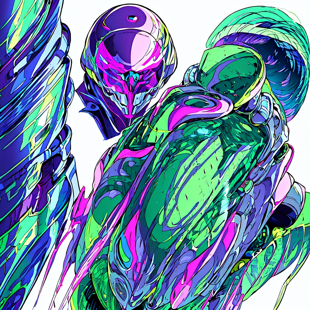 Create an entity. She has a mechanical appearance, with a metallic humanoid body in purple and green colors. Its head is shaped like a helmet, its jaw shaped like a skull, and a metallic horn on the top. Behind, there is a completely white background. The entity format is very simple 