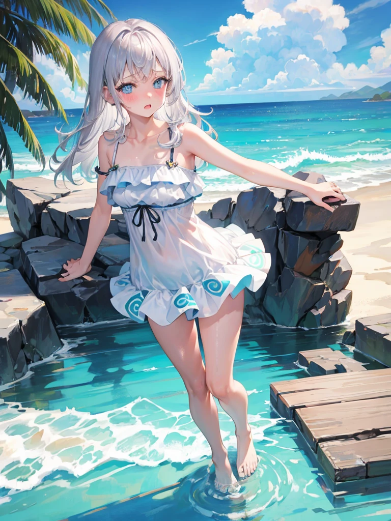 Random patterned swimsuit、Random patterned swimsuit,Swimsuit,Blushing、Medium semi-long hair、Silver Hair、pale blue eyes　、Head to toe full body、Blushing、Embarrassed look、Composition from the front、A view from slightly below、school swimwear、Acme Face、Random pose、, 、nsfw、Highest quality、1 girl、solo、Ocean、Sandy Beach、Sexy pose、Random pose、Blushing、wet、Embarrassed、I can see half of my 、、One piece swimsuit、(Strap slip:1.3)、