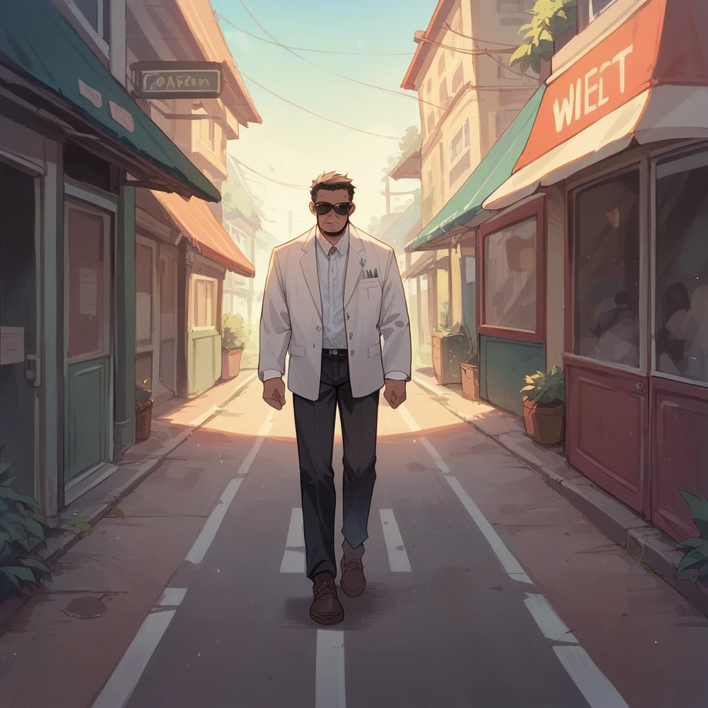 create a cartoon of a brown gorilla wearing a white blazer and sunglasses walking down the street