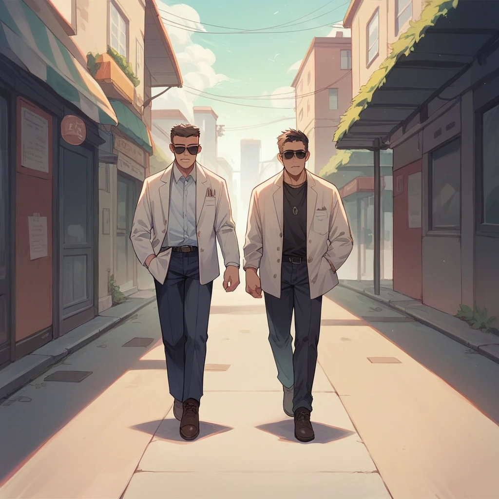 create a cartoon of a brown gorilla wearing a white blazer and sunglasses walking down the street