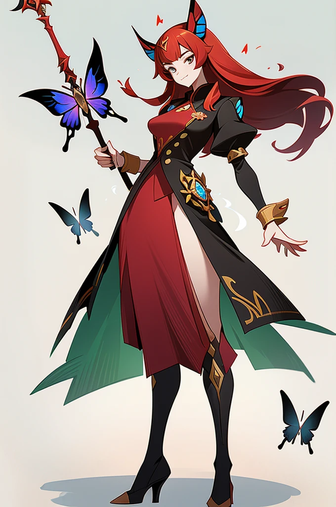 (1 Anthropomorphism of butterflies), (standing upright), (живопись standing upright), 1 Princess，with a staff in his hands, Lush red flame hair, languid look, detailed detailed face, Dynamic lighting, artstation quality, (standing upright)，solo, long skirt，character design, bizarre, chedevr，top quality，Best quality，ultra high resolution，Exquisite facial features