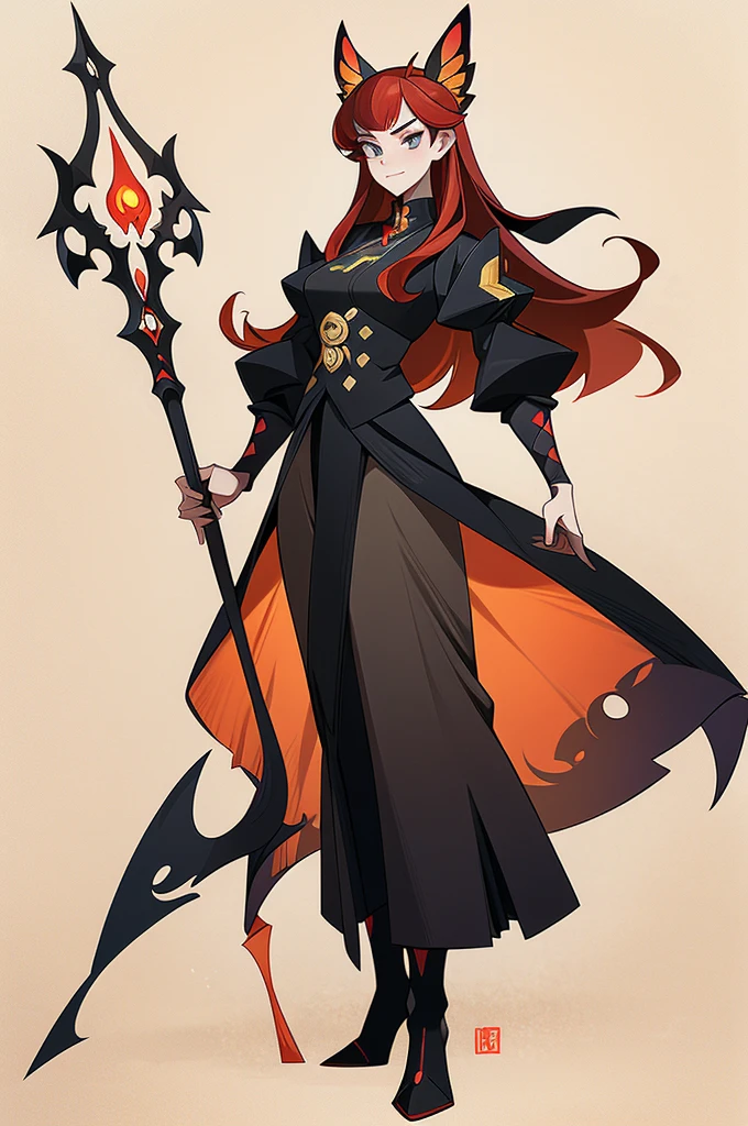 (1 Anthropomorphism of butterflies), (standing upright), (живопись standing upright), 1 Princess,with a staff in his hands, Lush red flame hair, languid look, detailed detailed face, Dynamic lighting, artstation quality, (standing upright),solo, long skirt,character design, bizarre, chedevr,top quality,Best quality,ultra high resolution,Exquisite facial features