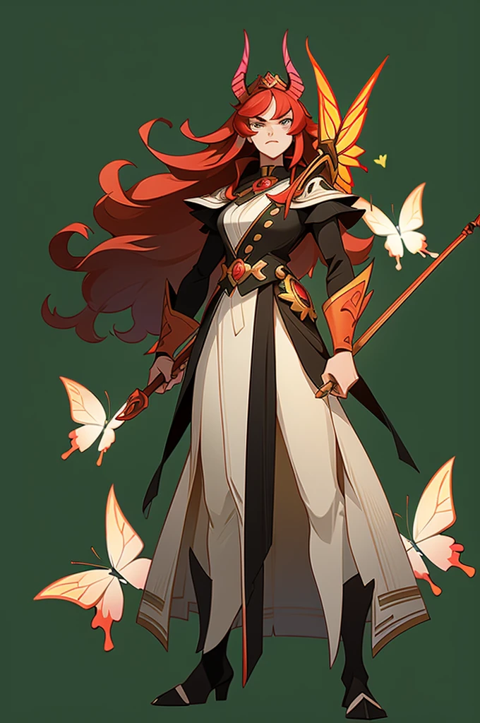 (1 Anthropomorphism of butterflies), (standing upright), (живопись standing upright), 1 Princess，with a staff in his hands, Lush red flame hair, languid look, detailed detailed face, Dynamic lighting, artstation quality, (standing upright)，solo, long skirt，character design, bizarre, chedevr，top quality，Best quality，ultra high resolution，Exquisite facial features