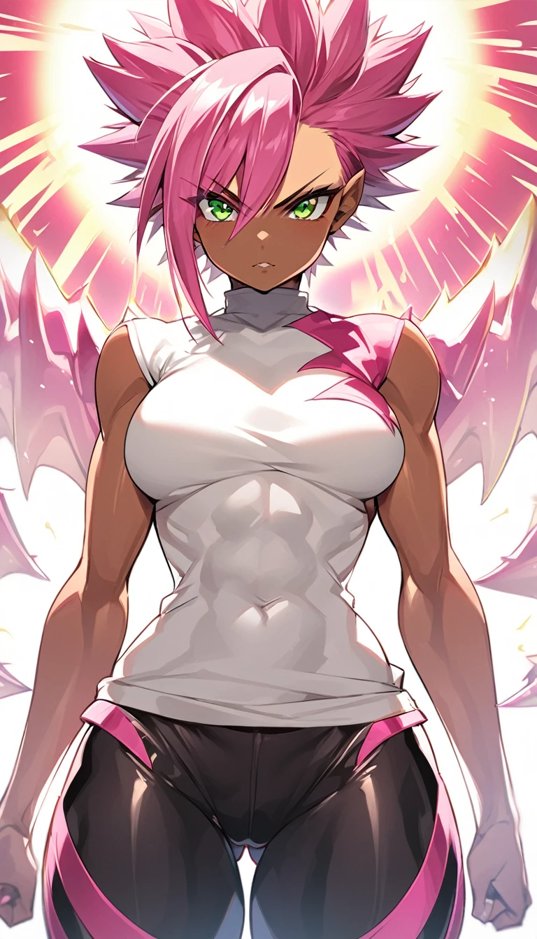 a girl, Saiyan, dark and strong super saiyan pink hair, spiky hair, super saiyan pink, spiky, green eyes, defined muscles, thin waist, wide hips, dark skin, medium breasts, tight clothes, white t-shirt, black pants, pink rays around , black rays all around