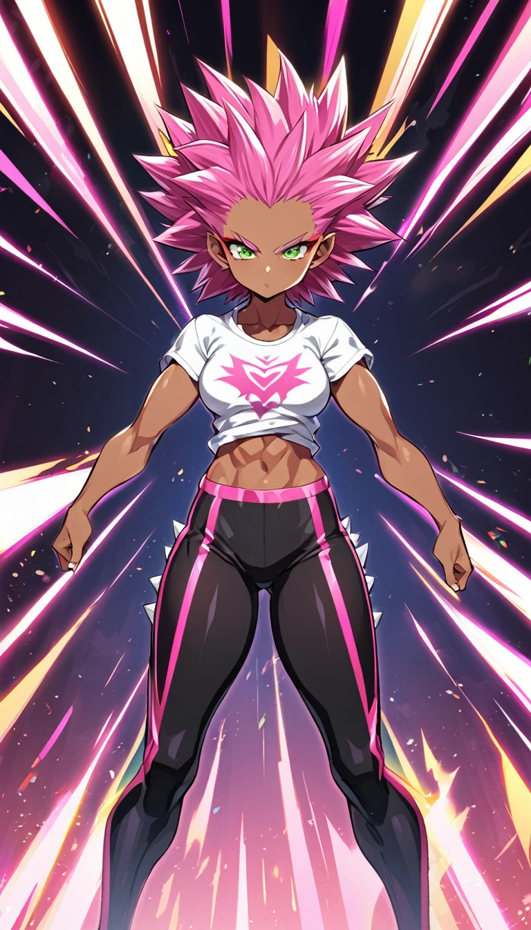 a girl, Saiyan, dark and strong super saiyan pink hair, spiky hair,  super saiyan pink, spiky, green eyes, defined muscles, thin waist, wide hips, dark skin, medium breasts, tight clothes, white t-shirt, black pants, pink rays around , black rays all around