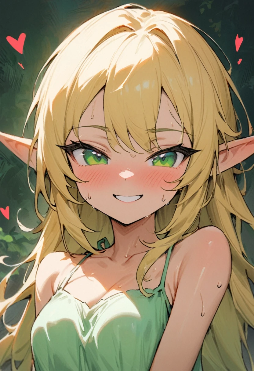smudgy, traditional art, liu2, brush texture, score_9, score_8_up, score_7_up, score_6_up, pretty green elf woman with long blonde hair, horny face, desire, sweat, green eyes, closeup, attractive smile, (heart shape), thin summer dress, perfect slim body