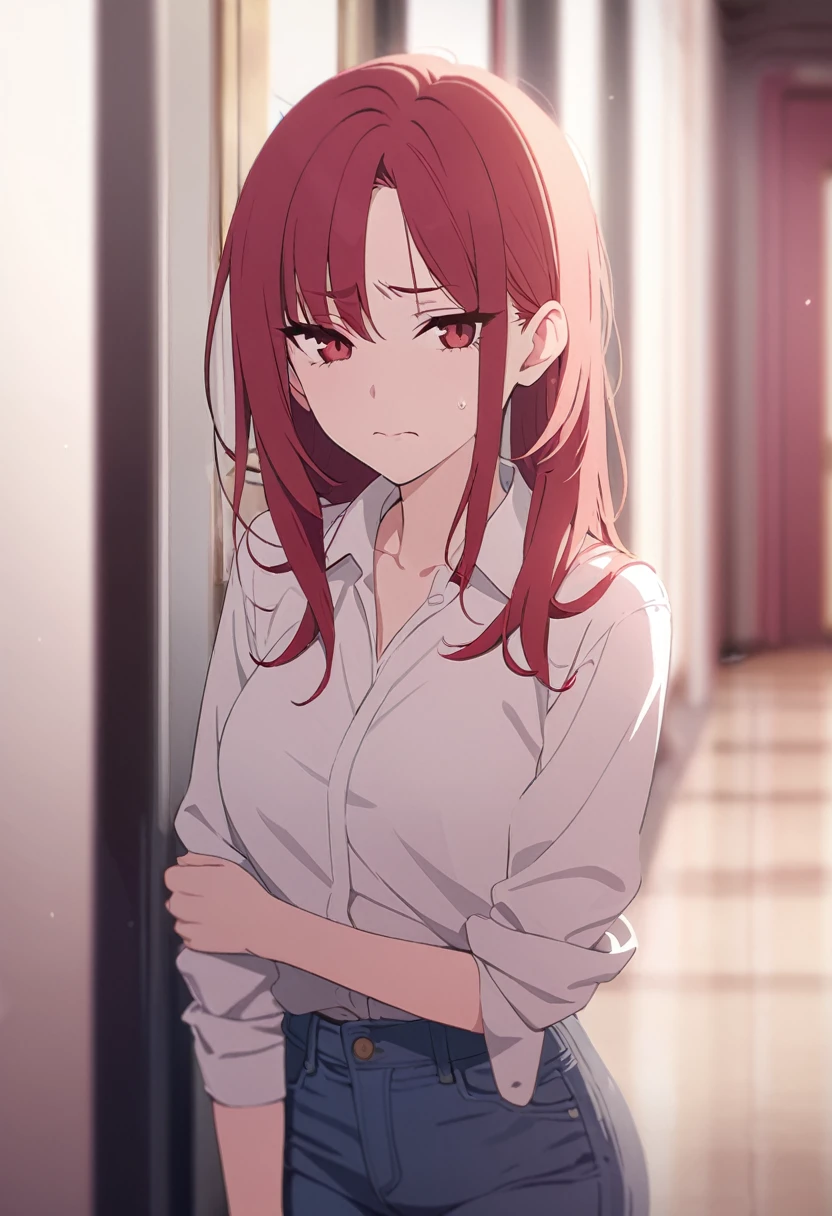 masterpiece,best quality,depth of field,8k,red hair,Red eyes,wseifuku,white shirt with nothing on,chic,(charismatic eyes 1:1),jeans,female,frowning,alone,corridor,