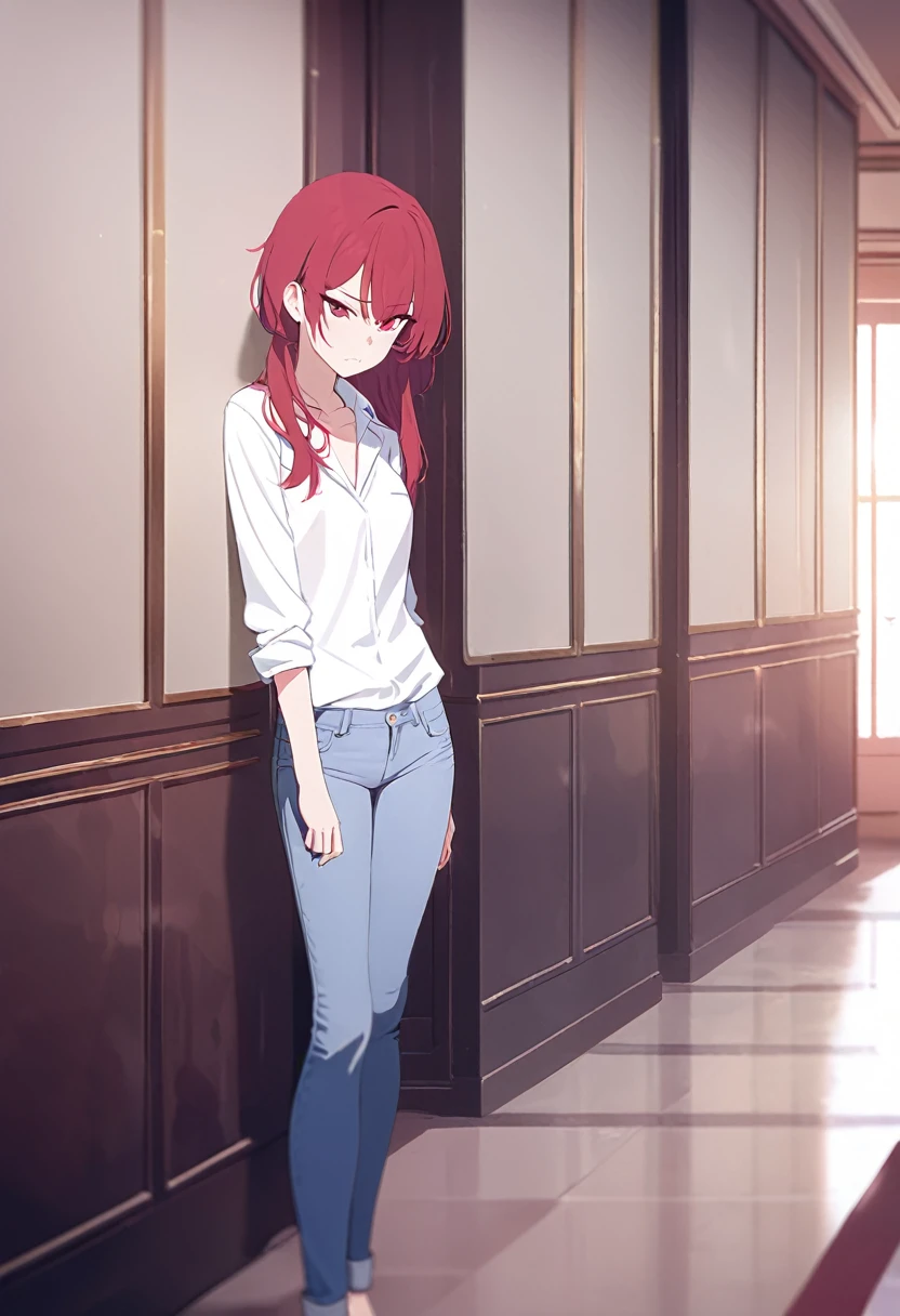 masterpiece,best quality,depth of field,8k,red hair,Red eyes,wseifuku,white shirt with nothing on,chic,(charismatic eyes 1:1),jeans,female,frowning,alone,corridor,