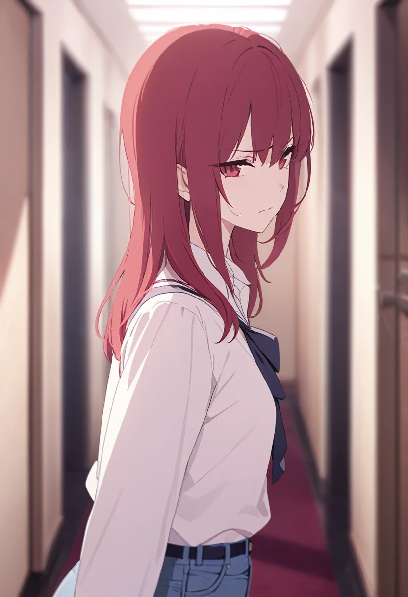 masterpiece,best quality,depth of field,8k,red hair,Red eyes,wseifuku,white shirt with nothing on,chic,(charismatic eyes 1:1),jeans,female,frowning,alone,corridor,