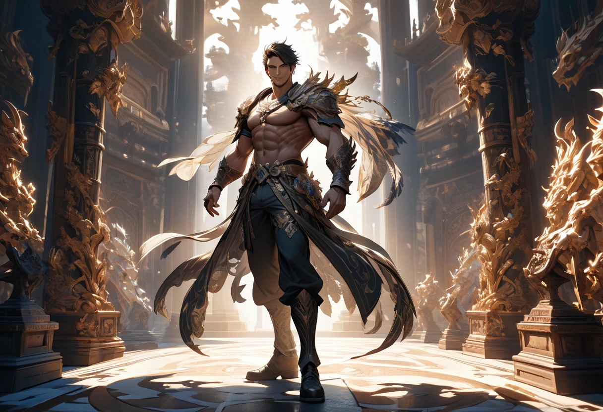 masterpiece, 8k, perfect ligthing, , adult man, chest out, large and thin wings, male man, full body shot, looking at the viewer, arm behind the back, cinematic lighting, fairy male man with blue and gold details --auto --s2