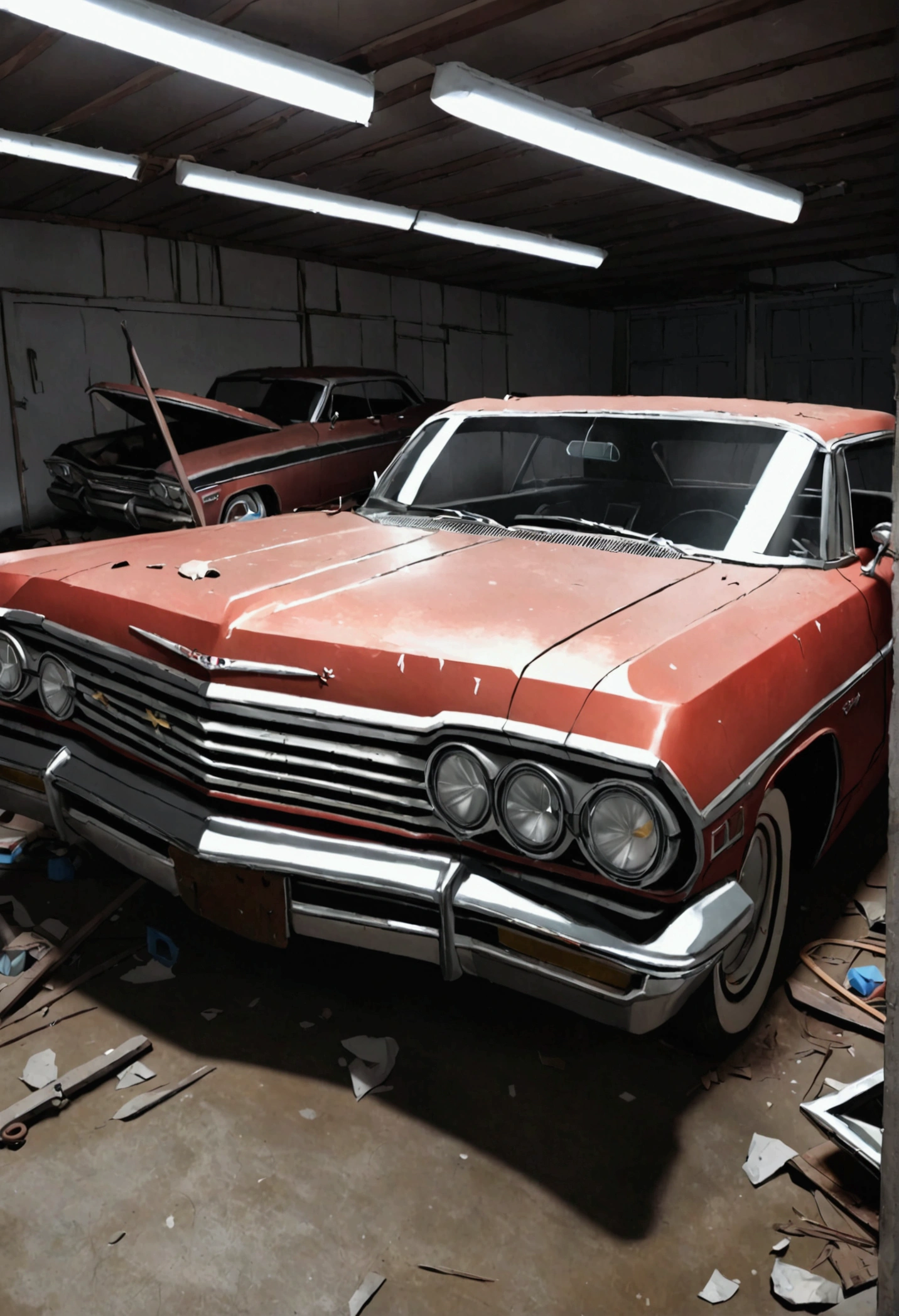 Make a 67 Impala car abandoned in a garage 4k