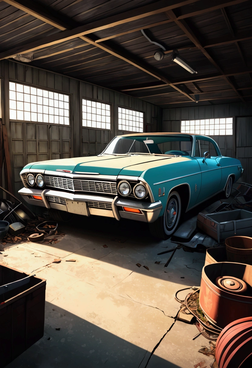 Make a 67 Impala car abandoned in a garage 4k