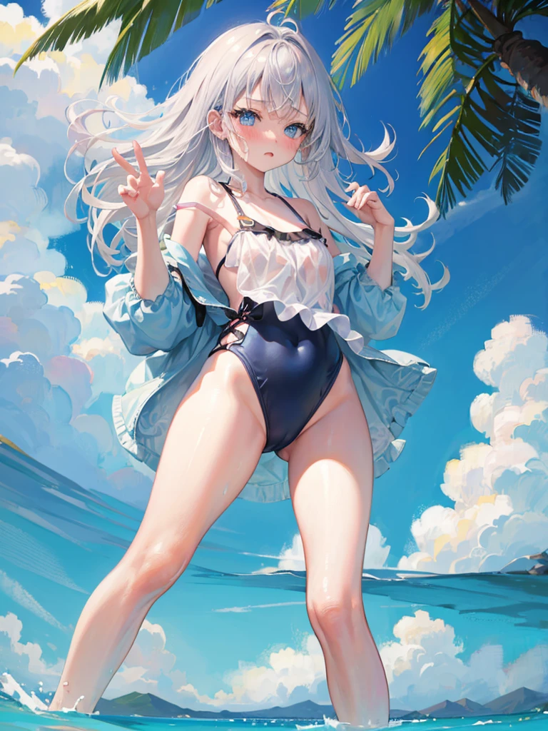 Random patterned swimsuit、Random patterned swimsuit,Swimsuit,Blushing、Medium semi-long hair、Silver Hair、pale blue eyes　、Head to toe full body、Blushing、Embarrassed look、Composition from the front、A view from slightly below、school swimwear、Acme Face、Random pose、, 、nsfw、Highest quality、1 girl、solo、Ocean、Sandy Beach、Sexy pose、Random pose、Blushing、wet、Embarrassed、I can see half of my 、、One piece swimsuit、(Strap slip:1.3)、