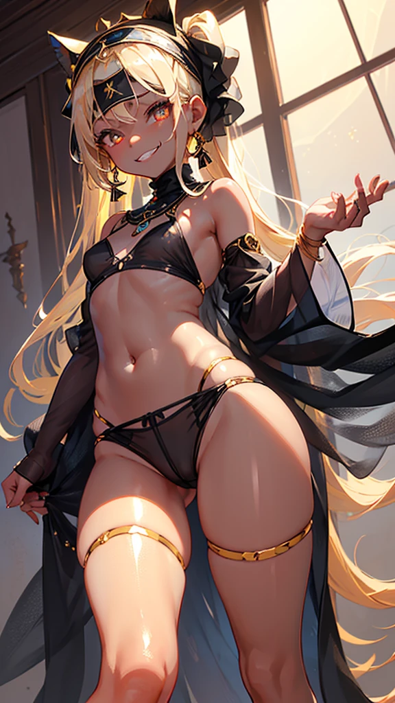 1girl, Angle from below:1.8, The girl bends forward to show off her breasts、legs apart, (Blade), (Tanned shiny black skin:1.6)、Glowing Eyes, ((Sexy evil grin)), ( girl), blondes、Twin tails、forehead、Small breasts, hat, ((((arabian clothes, see-through)), (headband), (Areola Slip), small breasts, (jewelry)))、desert, ((sahara)), ((focus foot))、(手を頭の後ろで組む), (crotch), (foot),((foot)), 足の裏、(しゃがむ), ass
