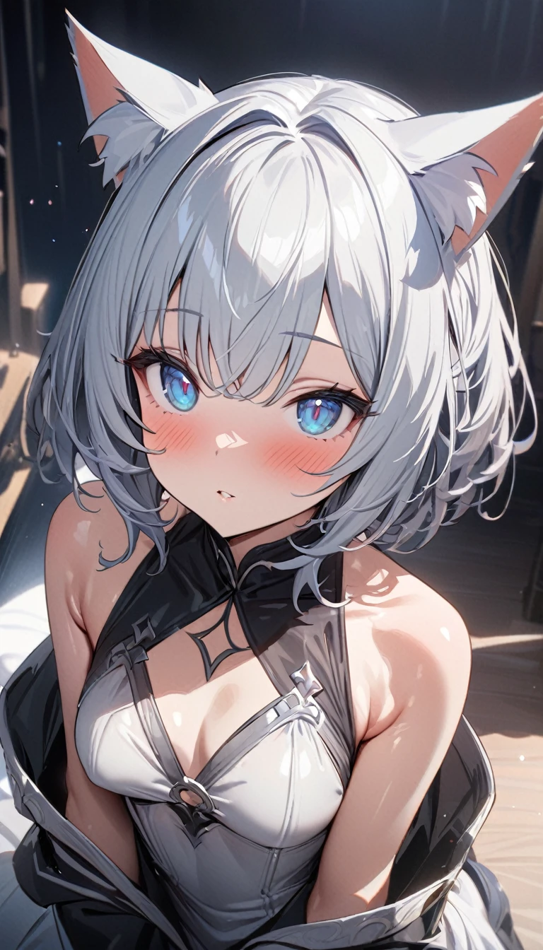 (((best quality)), ((masterpiece)), (details), masterpiece, best quality, high quality, ulutra detailed, perfect face, ((1girl, blue eyes, cat ears: 1.3 silver bob hair: 2.5,)) 、Shiny Hair、Glowing Skin、blush、Lustful look、Small breasts、Enma-chan、hell