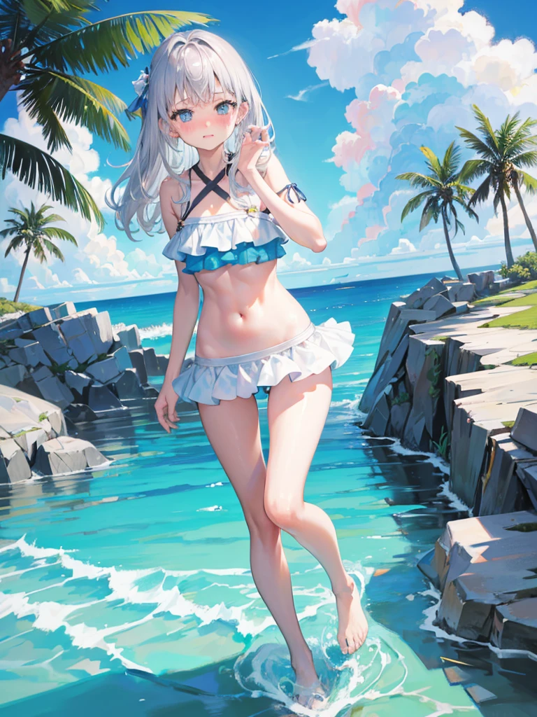 Random patterned swimsuit、Random patterned swimsuit,Swimsuit,Blushing、Medium semi-long hair、Silver Hair、pale blue eyes　、Head to toe full body、Blushing、Embarrassed look、Composition from the front、A view from slightly below、school swimwear、Acme Face、Random pose、, 、nsfw、Highest quality、1 girl、solo、Ocean、Sandy Beach、Sexy pose、Random pose、Blushing、wet、Embarrassed、I can see half of my 、、One piece swimsuit、(Strap slip:1.3)、