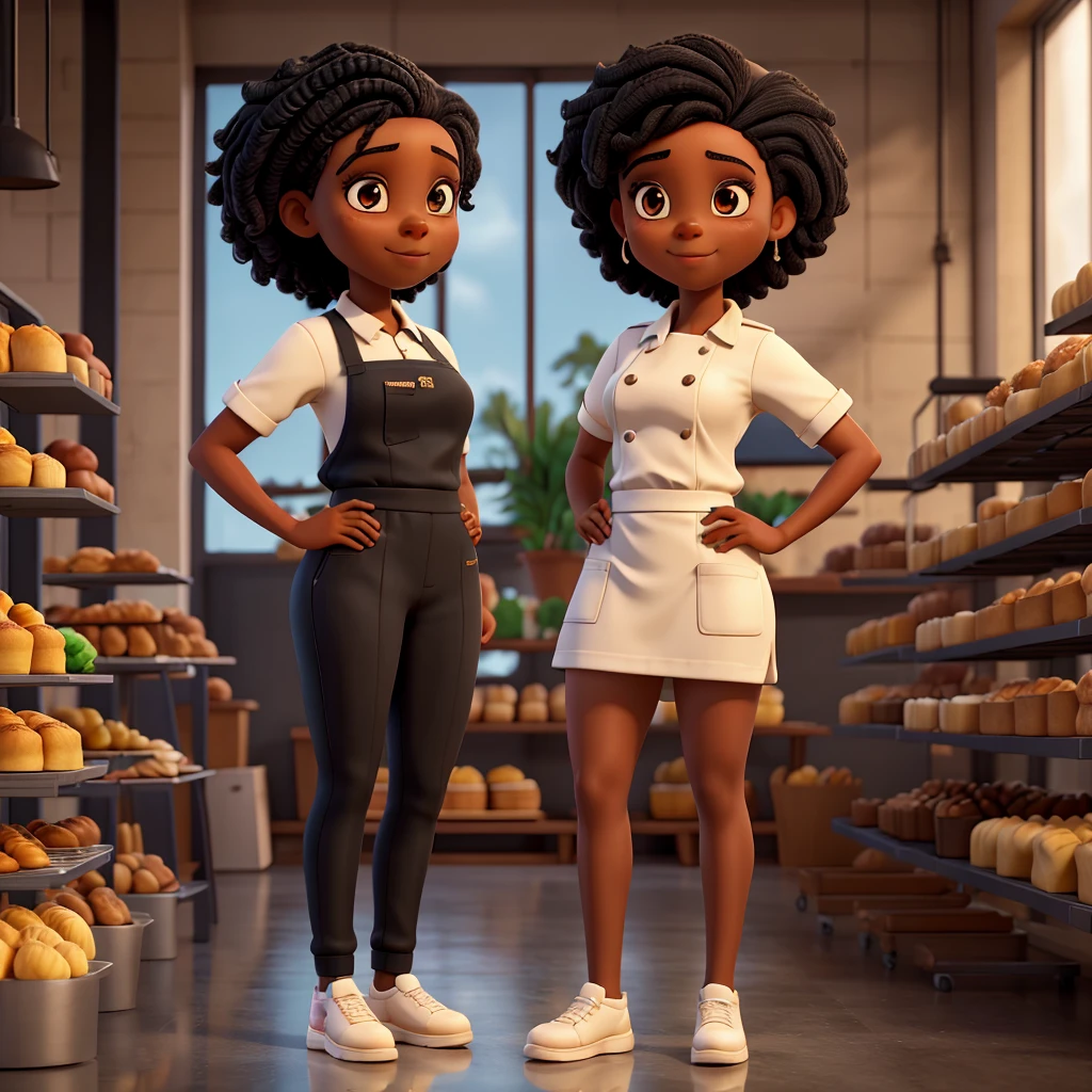 Young black woman with black Black Power hair. Pastry chef standing in front of her bakery wearing a pastry uniform