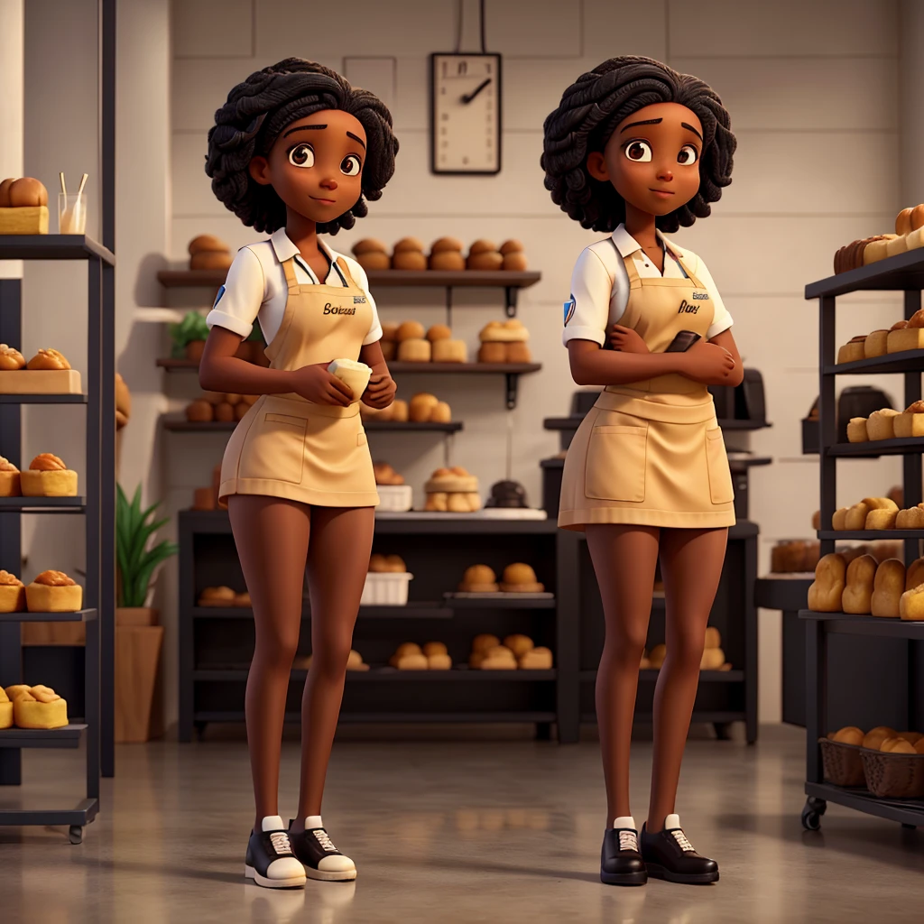 Young black woman with black Black Power hair. Pastry chef standing in front of her bakery wearing a pastry uniform