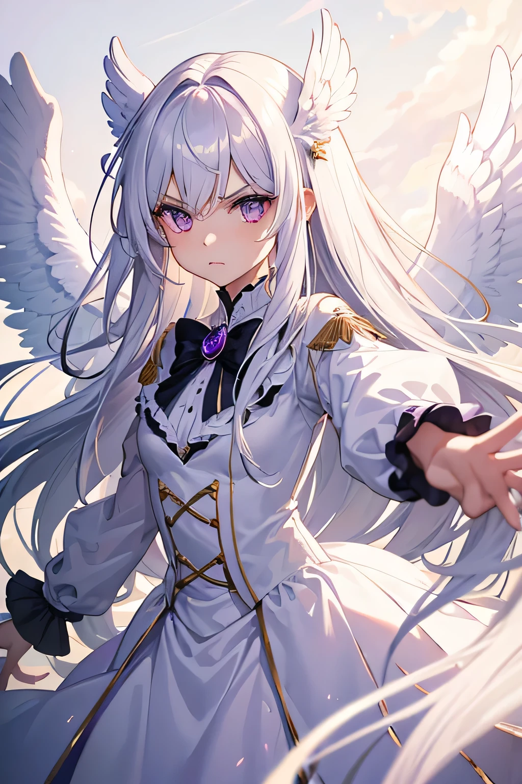 A girl with angel wings, long white hair, purples eyes. Angry face. Elegant clothes