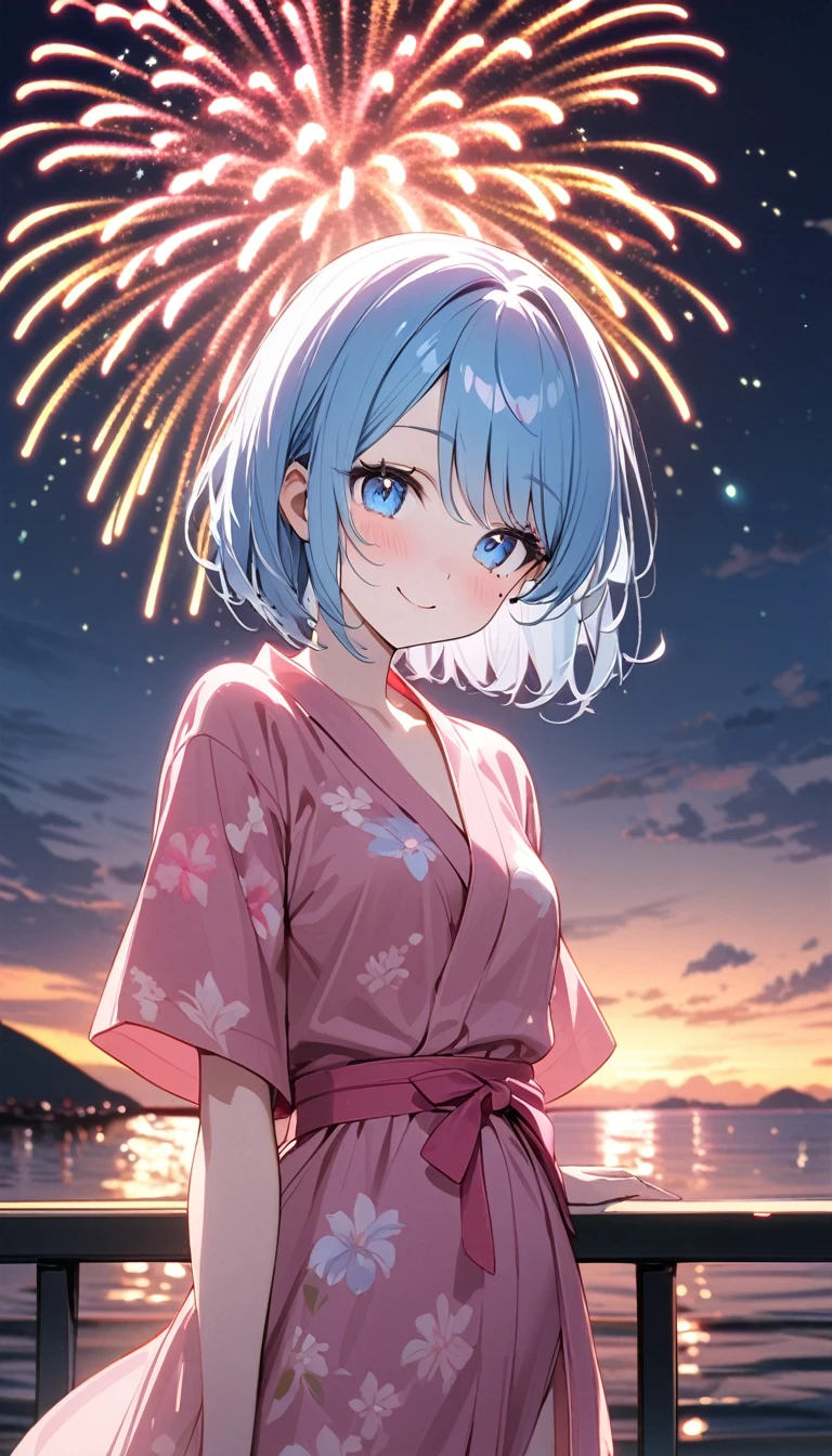 (1 girl),(Best Picture Quality, 8K, Masterpiece:1.3), (high school student:1.5), ((pink lob hair:1.1)), (bob cut),(swept bangs), (cute eyes, pupil black, iris skyblue, youthful face), (mole under right eye), (standard weight), (small breasts), (glistening skin:1.1),(pale skin:1.2),(pink yukata),(fireworks:1.2),((Nymphet fashion)),((summer scene:1.2)),(magnificent view),(Smile).