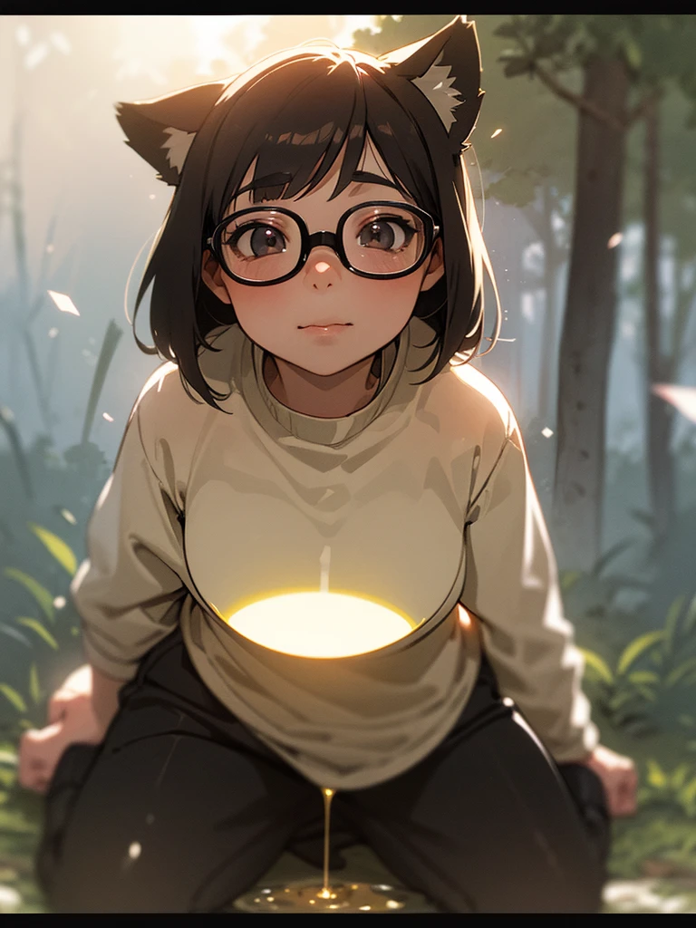(Sumilux f1.4 75mm , low Latitude old color negative film , cross process , bokeh, flare, chromatic aberration , soft focus, (Shallow focus) , soft glow , Maximum aperture, High Key , Transparent depiction) , kawaii anime female raccoon dog , butter face , two apart melons , Thick-rimmed glasses , in the foggy forest , clothed erotica , Kneeling , looking up to the sky , doggy style , (pee) , dripping liquid from crotch
