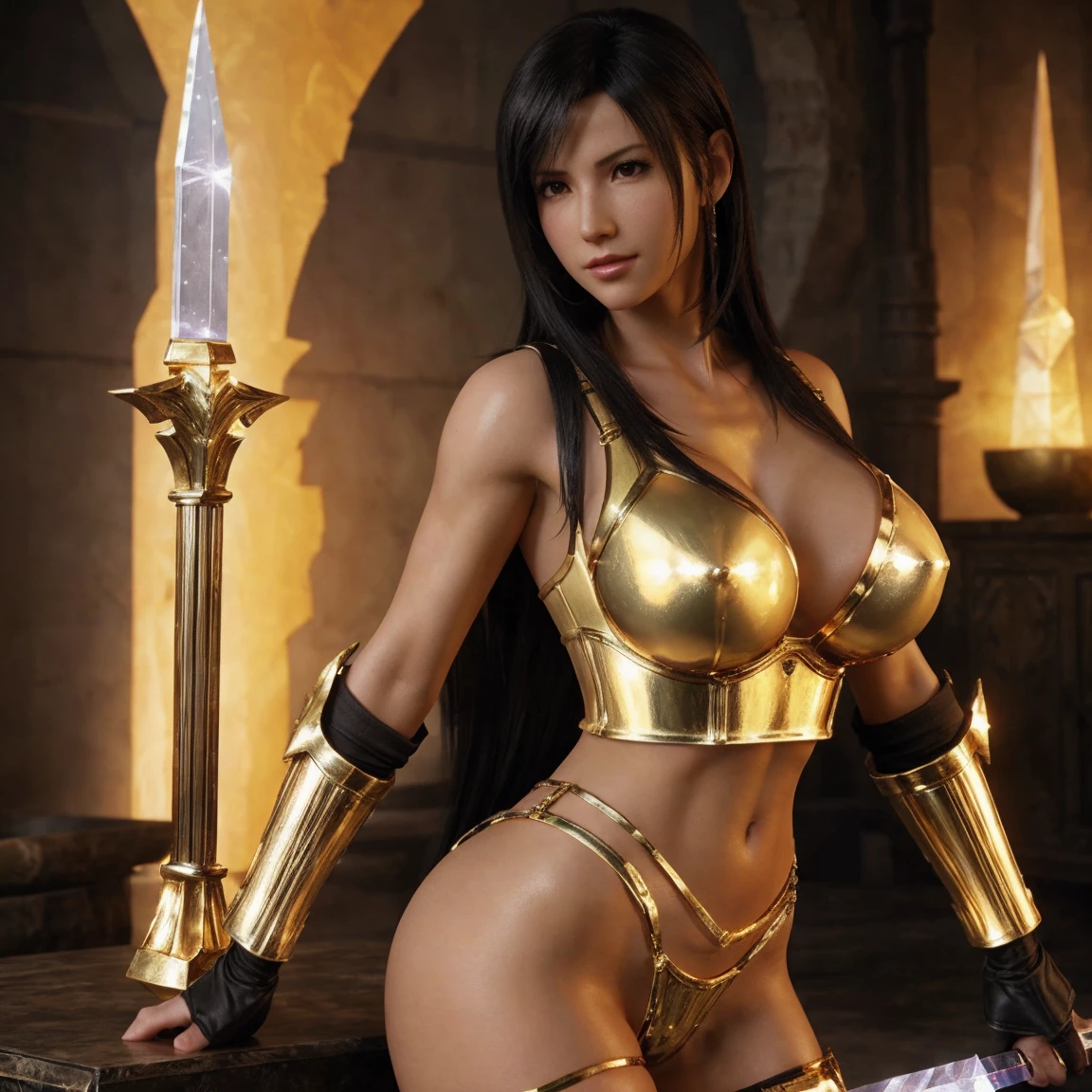 Tifa dressed as a sexy warrior with transparent golden crystal armor and a crystal sword, uncovered body, round ass, big breasts