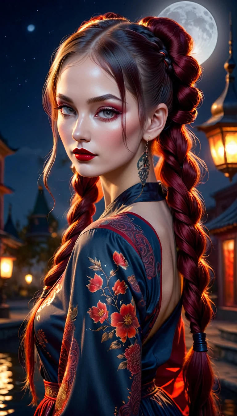 Goddess Russian, having very long pigtails hair, tattoo, patchwork clothes, , photorealistic theme , lovely face, perfect body, dark lips, , red flaming, WLOP, breathtaking, moonlight, moon night background, shadows, reflections, flowing clothes