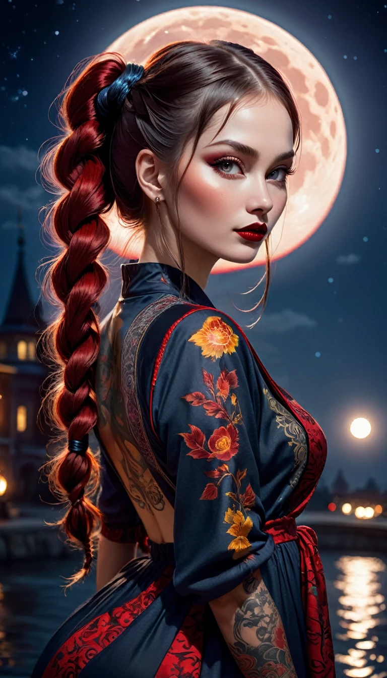 Goddess Russian, having very long pigtails hair, tattoo, patchwork clothes, , photorealistic theme , lovely face, perfect body, dark lips, , red flaming, WLOP, breathtaking, moonlight, moon night background, shadows, reflections, flowing clothes