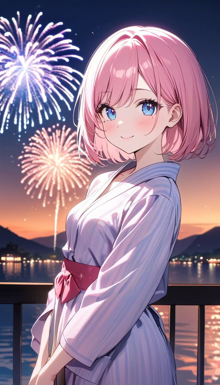 (1 girl),(Best Picture Quality, 8K, Masterpiece:1.3), (high school student:1.5), ((pink lob hair:1.1)), (bob cut),(swept bangs), (cute eyes, pupil black, iris skyblue, youthful face), (mole under right eye), (standard weight), (small breasts), (glistening skin:1.1),(pale skin:1.2),(pink yukata),(fireworks:1.2),((Nymphet fashion)),((summer scene:1.2)),(magnificent view),(Smile).