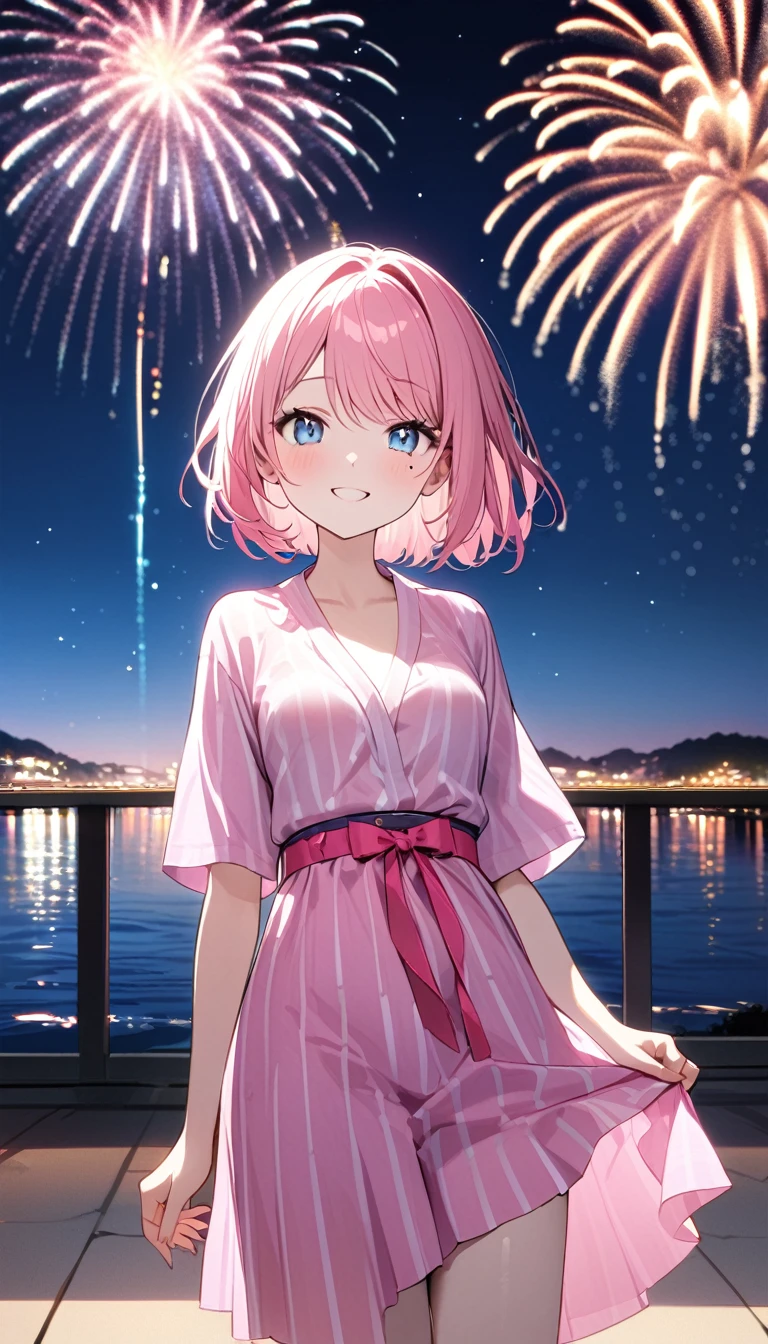 (1 girl),(Best Picture Quality, 8K, Masterpiece:1.3), (high school student:1.5), ((pink lob hair:1.1)), (bob cut),(swept bangs), (cute eyes, pupil black, iris skyblue, youthful face), (mole under right eye), (standard weight), (small breasts), (glistening skin:1.1),(pale skin:1.2),(pink yukata),(fireworks:1.2),((Nymphet fashion)),((summer scene:1.2)),(magnificent view),(Smile).