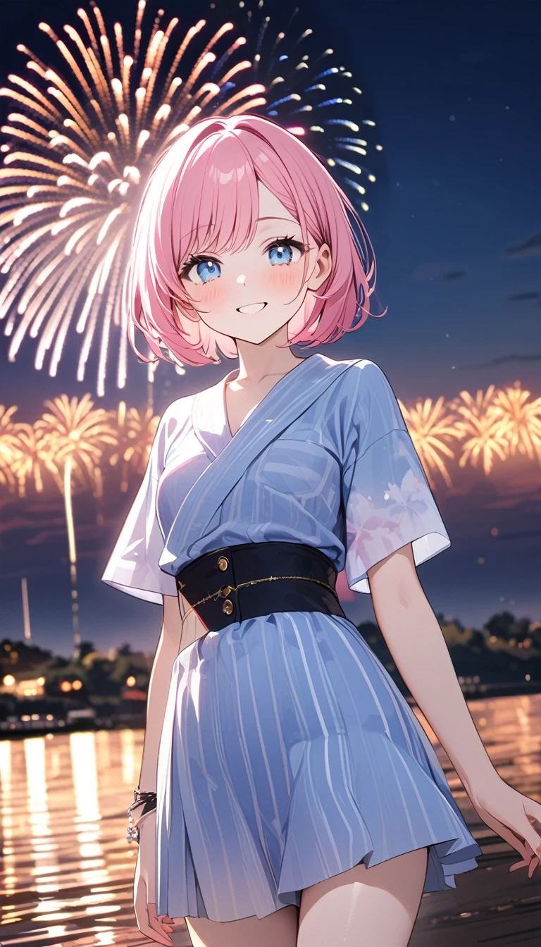 (1 girl),(Best Picture Quality, 8K, Masterpiece:1.3), (high school student:1.5), ((pink lob hair:1.1)), (bob cut),(swept bangs), (cute eyes, pupil black, iris skyblue, youthful face), (mole under right eye), (standard weight), (small breasts), (glistening skin:1.1),(pale skin:1.2),(pink yukata),(fireworks:1.2),((Nymphet fashion)),((summer scene:1.2)),(magnificent view),(Smile).