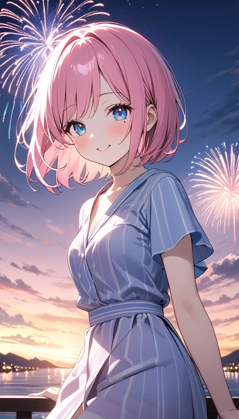 (1 girl),(Best Picture Quality, 8K, Masterpiece:1.3), (high school student:1.5), ((pink lob hair:1.1)), (bob cut),(swept bangs), (cute eyes, pupil black, iris skyblue, youthful face), (mole under right eye), (standard weight), (small breasts), (glistening skin:1.1),(pale skin:1.2),(pink yukata),(fireworks:1.2),((Nymphet fashion)),((summer scene:1.2)),(magnificent view),(Smile).