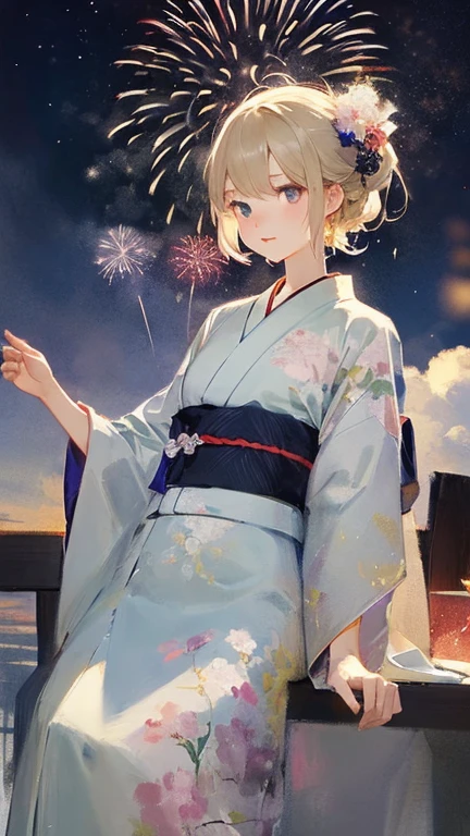 (((Simple configuration)))、One Girl、Perfect Anatomy、Beautiful, just like the picture、sketch、Very delicate、Cloud-like wall、、florals、Delicate depiction、Abstract、Bright colors overall、Gentle color、kimono、Taisho romance、(masterpiece、Highest quality、Highest quality、Official Art、beautiful, beautiful:1.2)、BREAK、Night Time、Fireworks in the sky、Beautiful fireworks、Large fireworks blooming at night