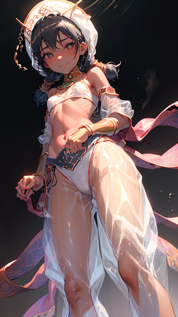 1girl, Angle from below:1.8, The girl bends forward to show off her breasts、legs apart, (Blade), (Tanned shiny black skin:1.6)、Glowing Eyes, ((Sexy evil grin)), ( girl), blondes、Twin tails、forehead、Small breasts, hat, ((((arabian clothes, see-through)), (headband), (Areola Slip), small breasts, (jewelry)))、desert, ((sahara)), ((focus foot))、(手を頭の後ろで組む), (crotch), (foot),((foot)), 足の裏、(しゃがむ), ass