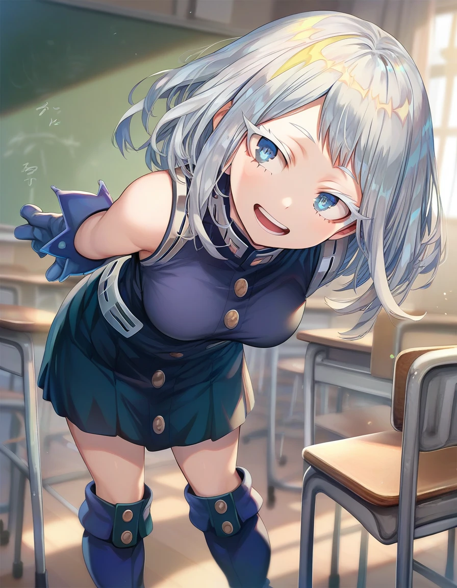 score_9, score_8_up, score_7_up, score_6_up, 1girl,leaning forward, smile, arms behind back, open mouth, head tilt, 
 hagakure_tooru, colored eyelashes, streaked hair, boku no hero academia, blue gloves, boots, , classroom,