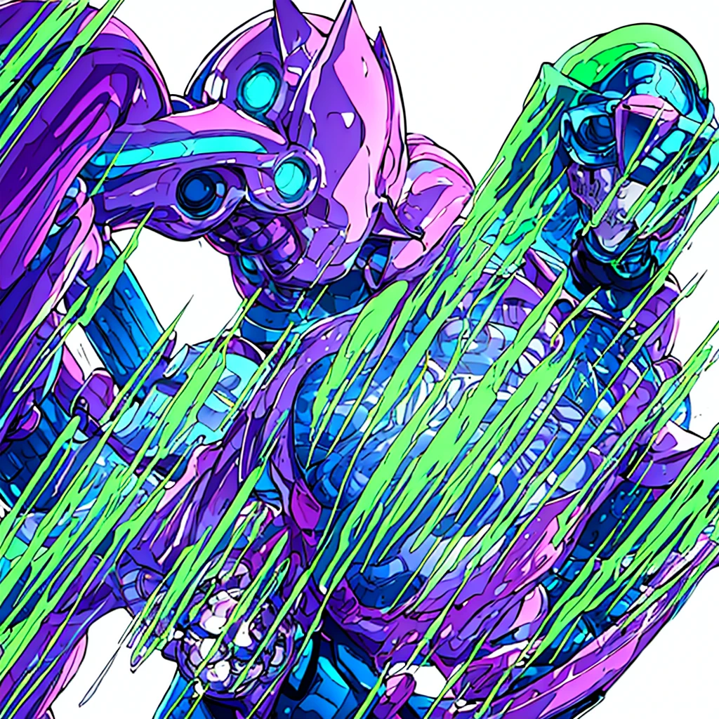 Create an entity. She has a mechanical appearance, with a humanoid body in purple color. .its jaw shaped like a skull, and a metallic horn on the top. Behind, there is a completely white background. The entity format is very simple 