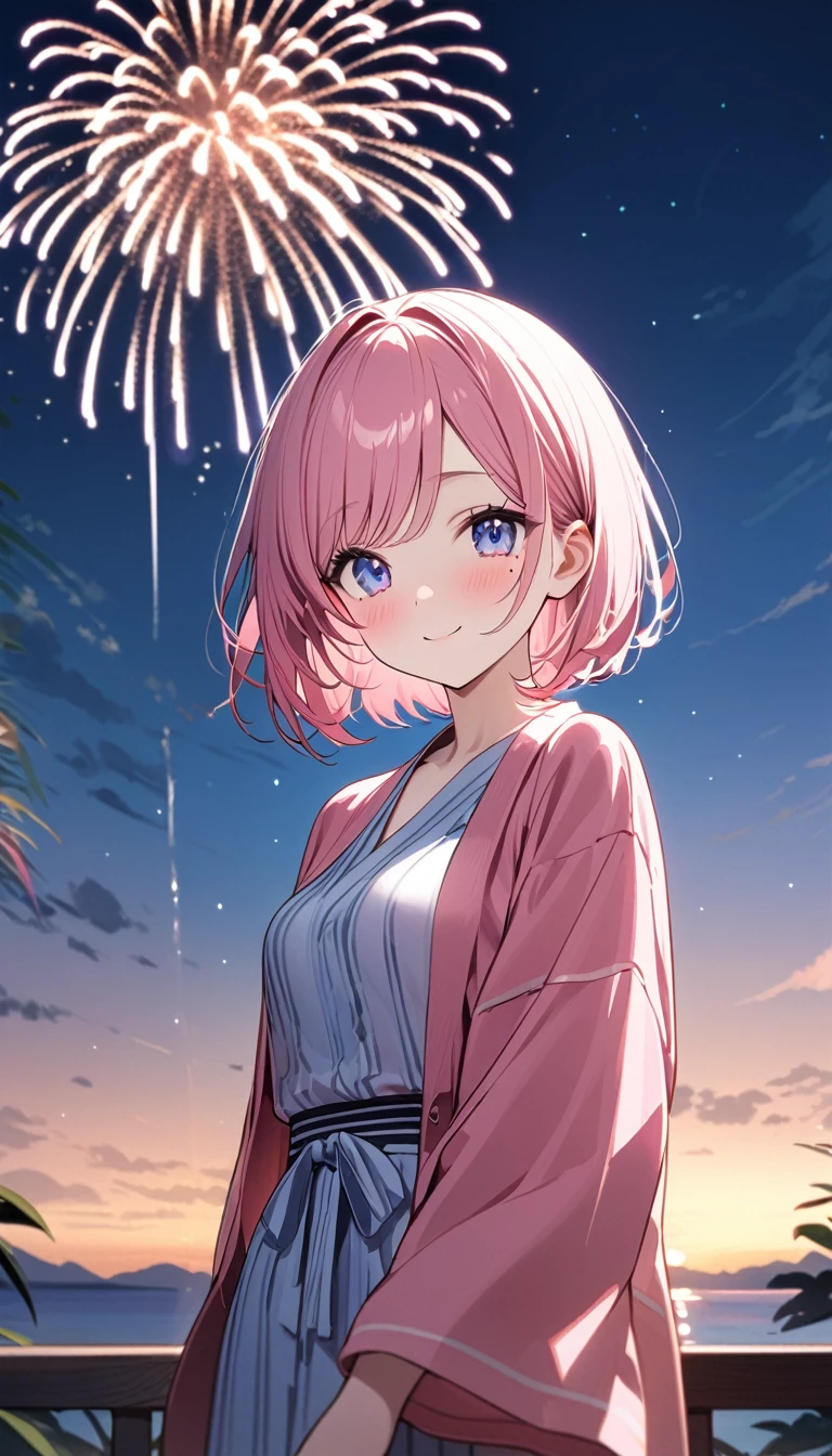 (1 girl),(Best Picture Quality, 8K, Masterpiece:1.3), (high student:1.5), ((pink lob hair:1.1)), (bob cut),(swept bangs), (cute eyes, pupil black, iris skyblue, youthful face), (mole under right eye), (standard weight), (small breasts), (glistening skin:1.1),(pale skin:1.2),(pink yukata),(fireworks:1.2),((Nymphet fashion)),((summer scene:1.2)),(magnificent view),(Smile).