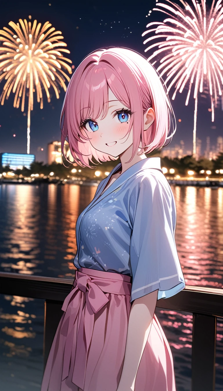 (1 girl),(Best Picture Quality, 8K, Masterpiece:1.3), (high school student:1.5), ((pink lob hair:1.1)), (bob cut),(swept bangs), (cute eyes, pupil black, iris skyblue, youthful face), (mole under right eye), (standard weight), (small breasts), (glistening skin:1.1),(pale skin:1.2),(pink yukata),(fireworks:1.2),((Nymphet fashion)),((summer scene:1.2)),(magnificent view),(Smile).