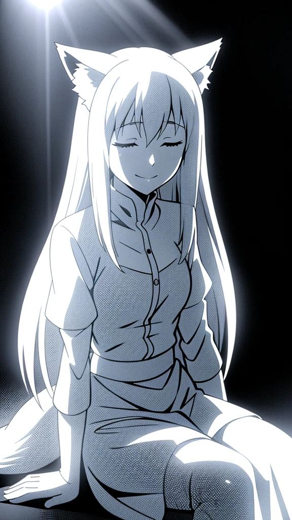 1girl ,solo,20s,mature female,white hair,long hair,fox ears,(simple background),white shirt,white skirt,smile,It's_burned_out,it's_completely_white,pose,greyscale,monochrome, sitting,closed eyes,looking down,comic,silent comic, sunlight,light rays,