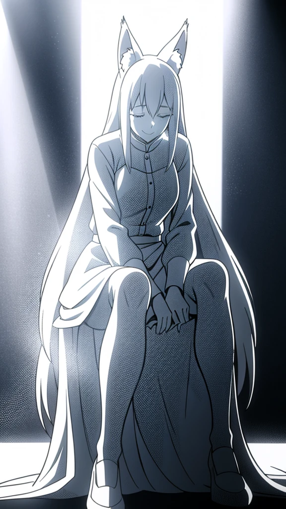 1girl ,solo,20s,mature female,white hair,long hair,fox ears,(simple background),white shirt,white skirt,smile,It's_burned_out,it's_completely_white,pose,greyscale,monochrome, sitting,closed eyes,looking down,comic,silent comic, sunlight,light rays,