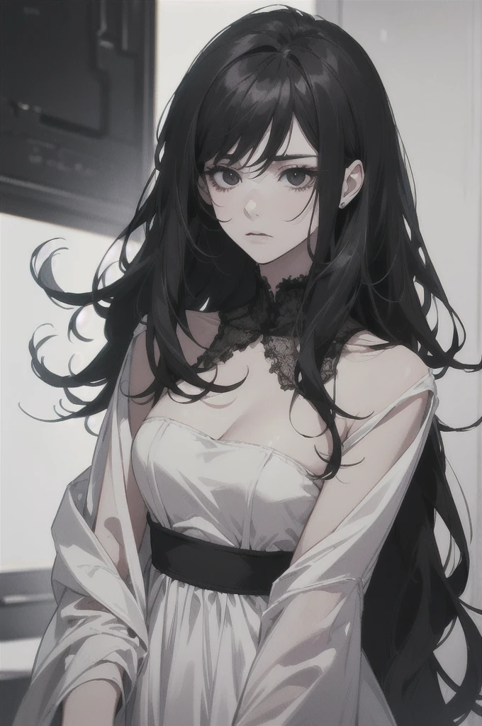 midjourney, ((best quality)), ((masterpiece)), (detailed), perfect face, male and female wearing black dress. beautiful female. mature. ((black hair, long hair)), ((black eyes)), depth of field, pale white skin, white dress, dark circles under eyes, tired expression, vivid colors. Elegant. Black dark dress.