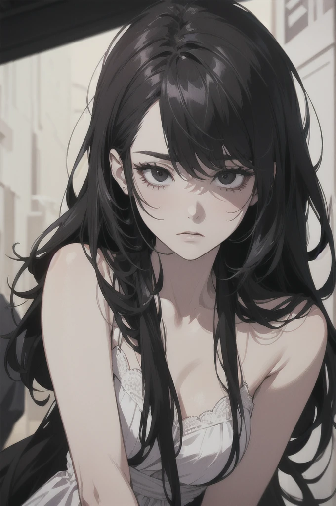 midjourney, ((best quality)), ((masterpiece)), (detailed), perfect face, male and female wearing black dress. beautiful female. mature. ((black hair, long hair)), ((black eyes)), depth of field, pale white skin, white dress, dark circles under eyes, tired expression, vivid colors. Elegant.