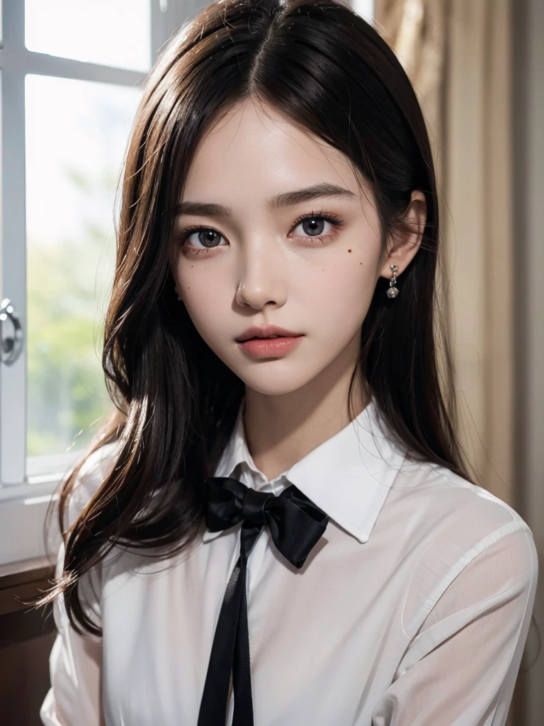 absurdres, RAW photo, extremely delicate and beautiful, masterpiece, Best Quality, ultra high resolution, 32k, hyperrealistic, ultra-detailed, perfect anatomy, super Detailed skin, perfect figure, Super Beauty, Perfect Style, Perfect balance, Beautiful Lighting, Perfect Lightning, Realistic Shadows, 20 years old, very Slim body, narrow waist, very small head, very small face, delicate facial features, handsome detailed woman, very detailed eyes and face, realistic face proportions, Realistic beautiful face, Realistic beautiful eyes, tearful mole, earring, very huge round breasts, legs, medium hair, full body shot, indoor, ((school_uniform)),