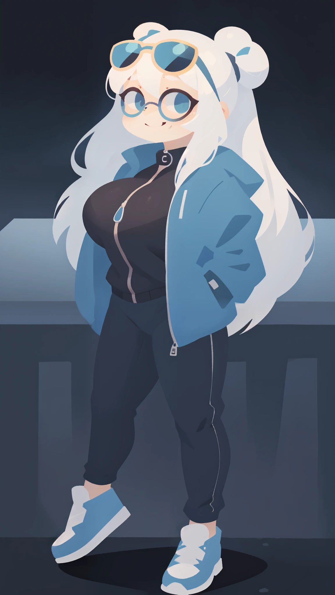 A girl with long white hair tied in a high bun, light and bright blue eyes, a coy smile on her face, light blush, sunglasses on her forehead, circular sunglasses, black lenses, big breasts, dark blue zip-up jacket, with a high collar, dark blue pants, dark blue shoes, minimalistbackground, 4k, 8k, digital art