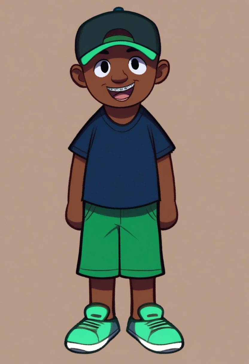 joseph, looking at viewer, smile, open mouth, simple background, shirt, 1boy, hat, standing, full body, male focus, dark skin, dark-skinned male, braces, dark green backward baseball cap, light green t-shirt with basketball on center of shirt, darker green shorts, light green shoes. black eyes, bald, short