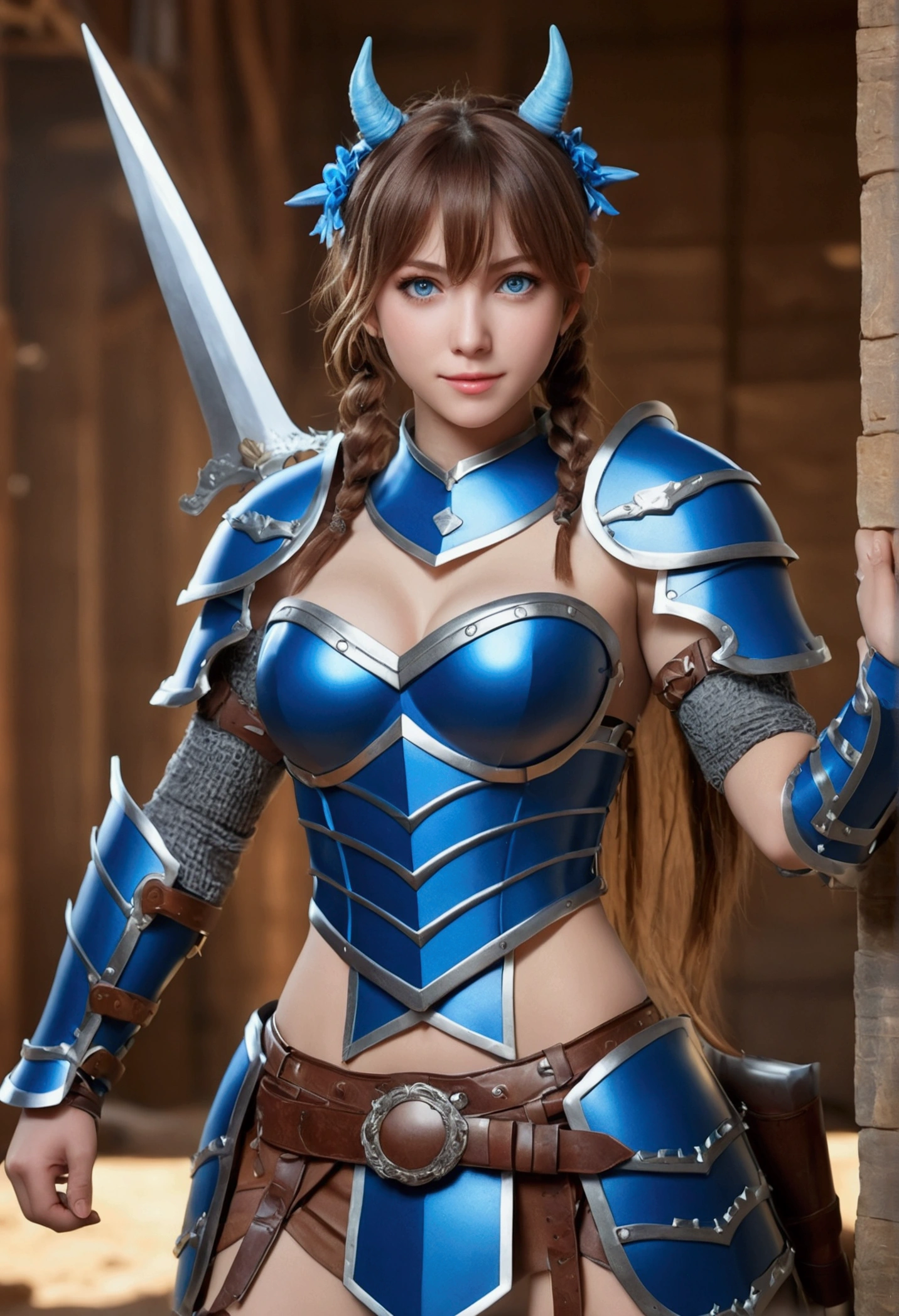 ((high resolution)), ((pale skin)), freckled, brunette ((11 year old)) girl, with blue eyes, blushing cheeks, wavy hair, smiling, naked, as a fantasy warrior, sexy armor